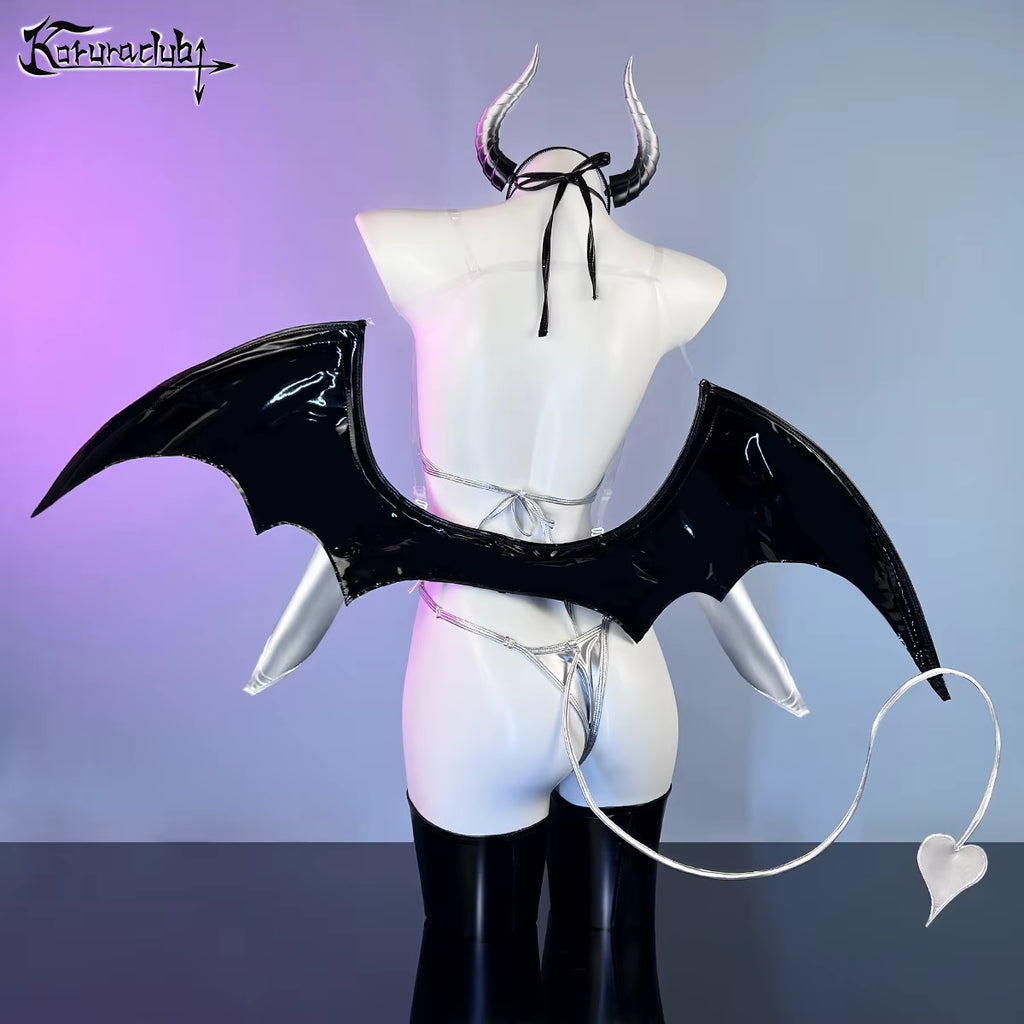 KORURACLUB Women'S Sexy Purple Little Devil Cosplay Costume Red Bat Wings Polyurethane Lingerie