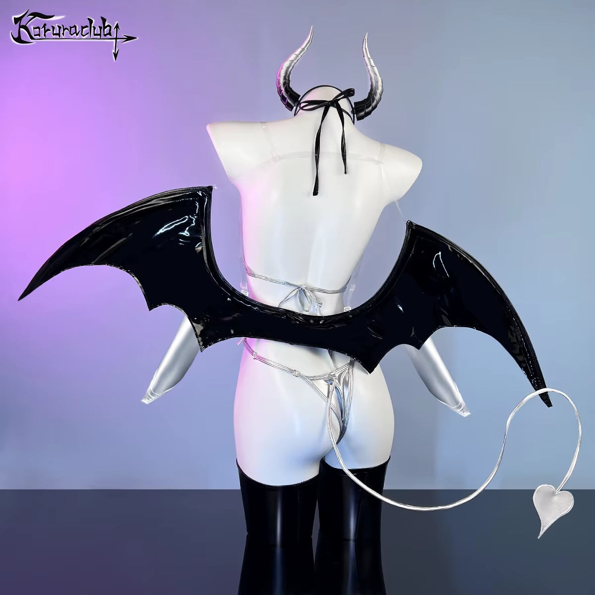 KORURACLUB Women'S Sexy Purple Little Devil Cosplay Costume Red Bat Wings Polyurethane Lingerie